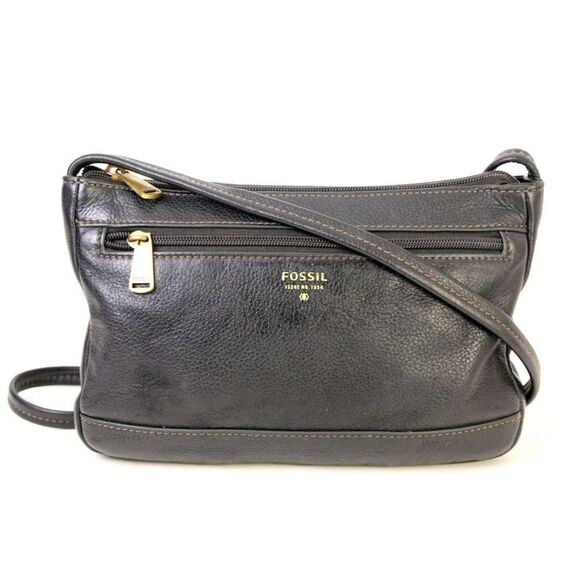 FOSSIL №1954 BLACK GENUINE LEATHER X-BODY MESSENGER SHOULDER BAG HANDBAG PURSE - Picture 1 of 10